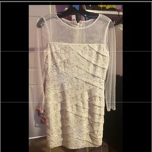 Adrianna Papell ivory bodycon, fitted lace dress sheer sleeves never been worn